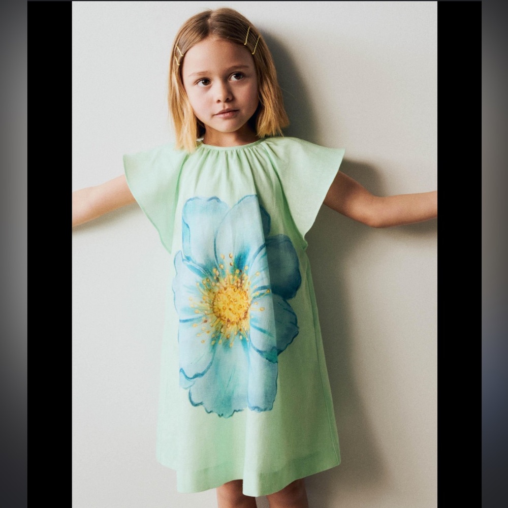 Zara Kids Mint Green Dress with Blue Floral Design